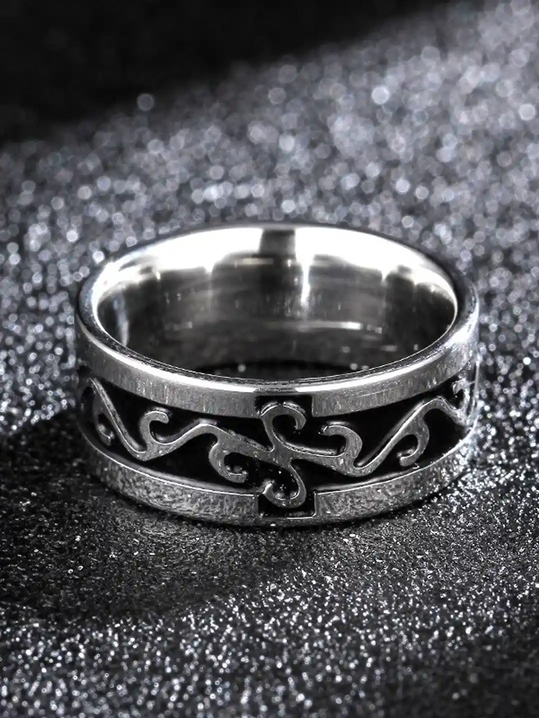 Yellow Chimes Men Silver-toned Black Stainless Steel Ring