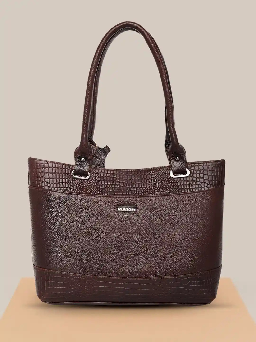 Stamp Textured Leather Bucket Shoulder Bag with Cut Work