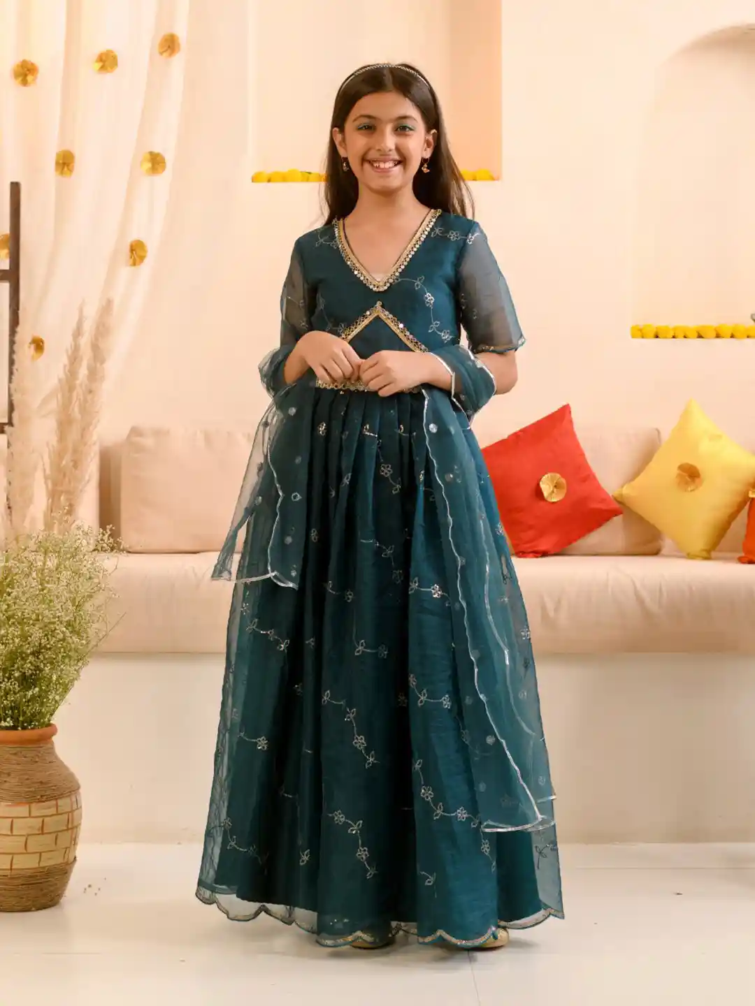 pspeaches Girls Embellished V-Neck Fit Flare Maxi Ethnic Dress