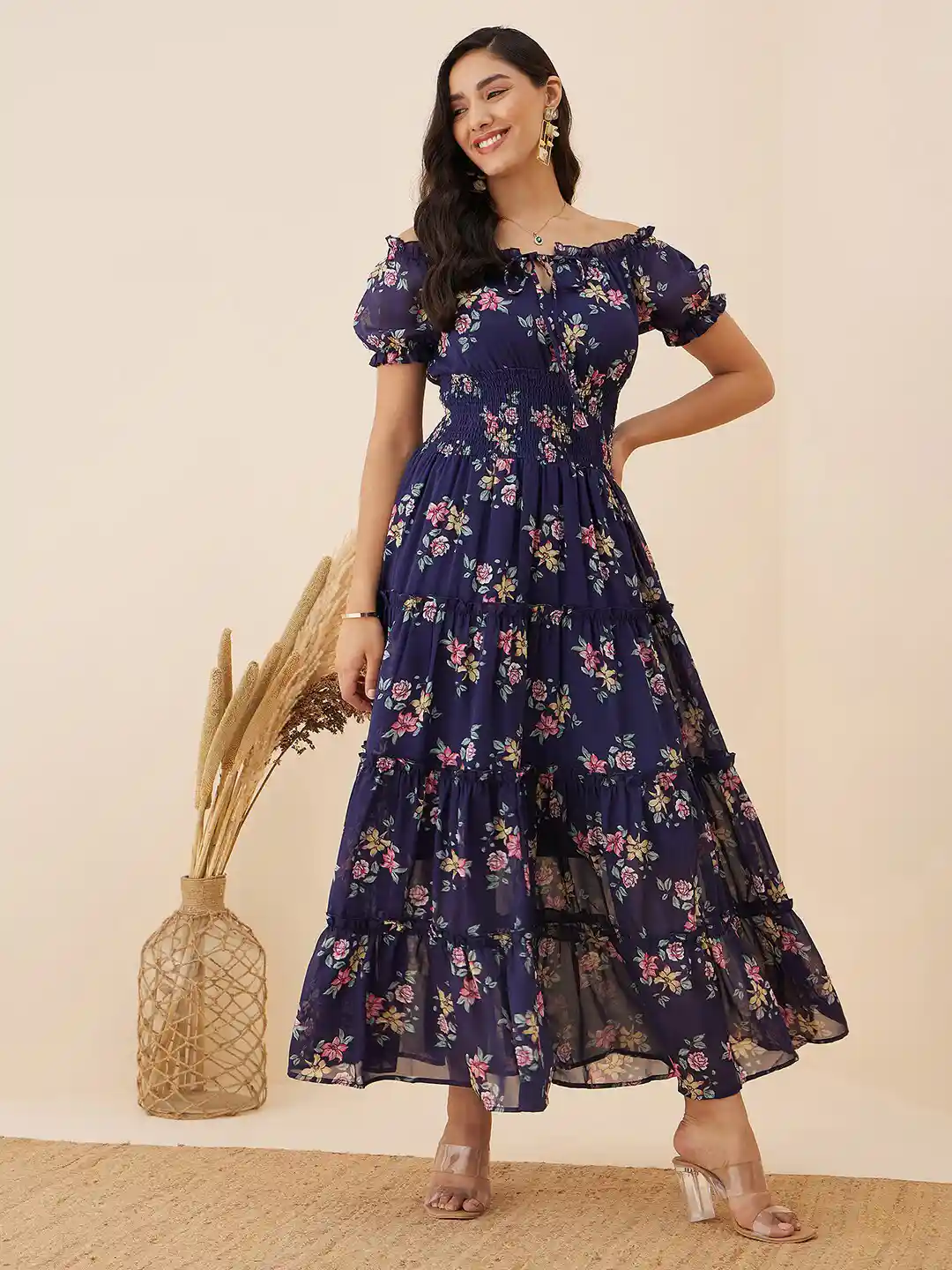 Buy RARE Navy Blue Floral Print Off-Shoulder Puff Sleeve Smocked