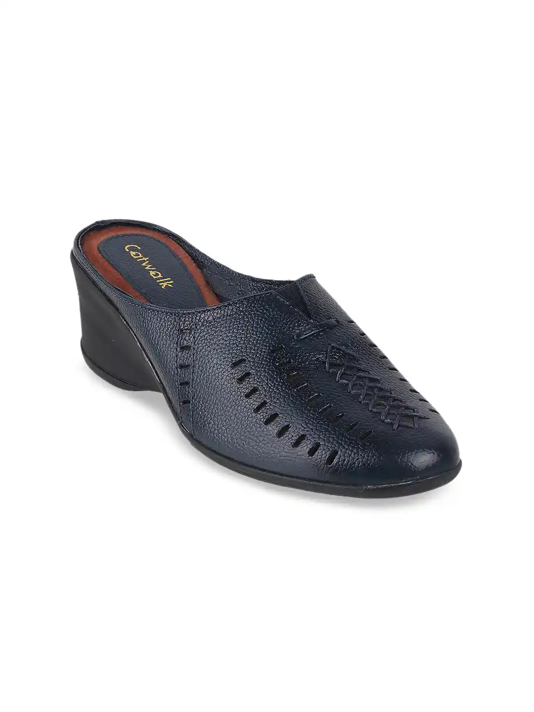 Catwalk Textured Laser Cuts Leather Block Heel Mules