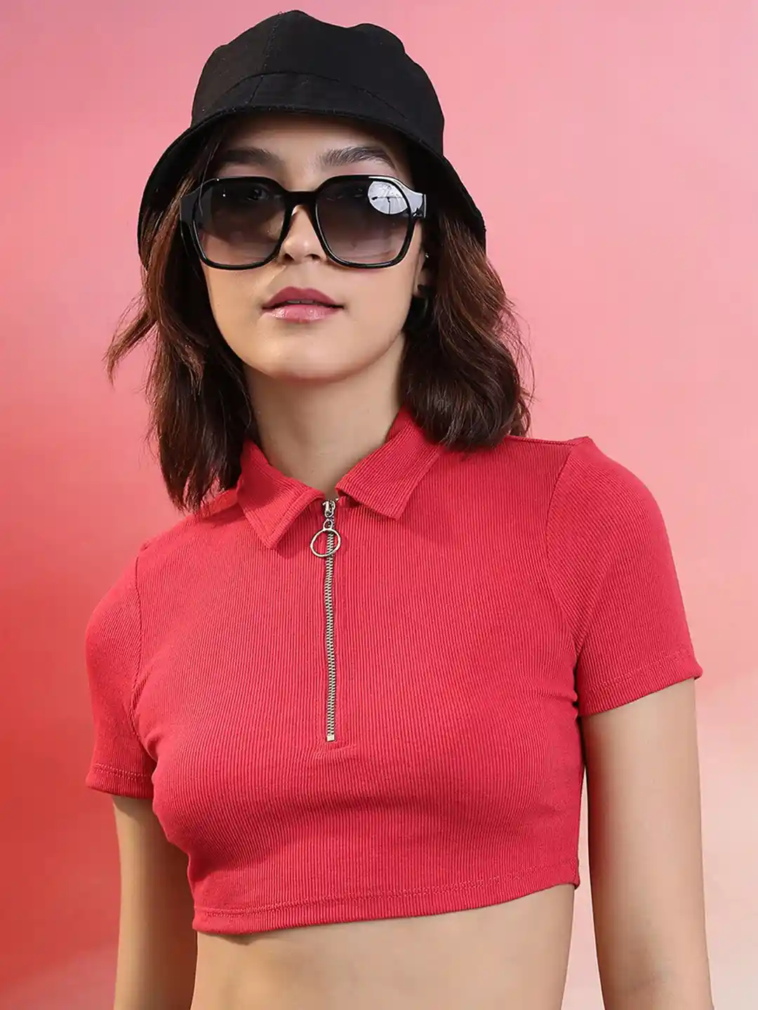 KETCH Shirt Collar Ribbed Half Zipper Fitted Crop Top