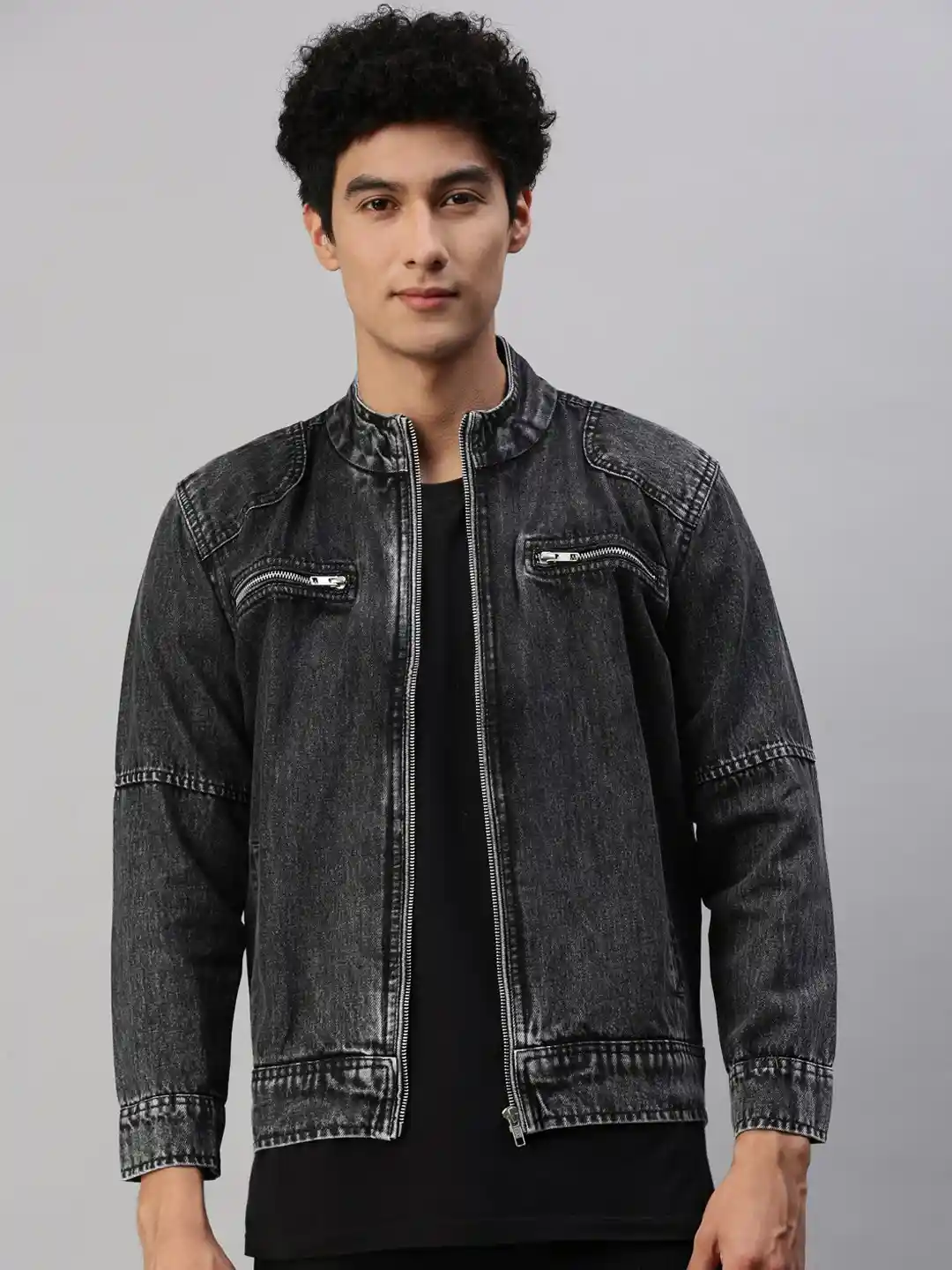 Buy VOXATI Washed Stand Collar Zip Detail Denim Jacket