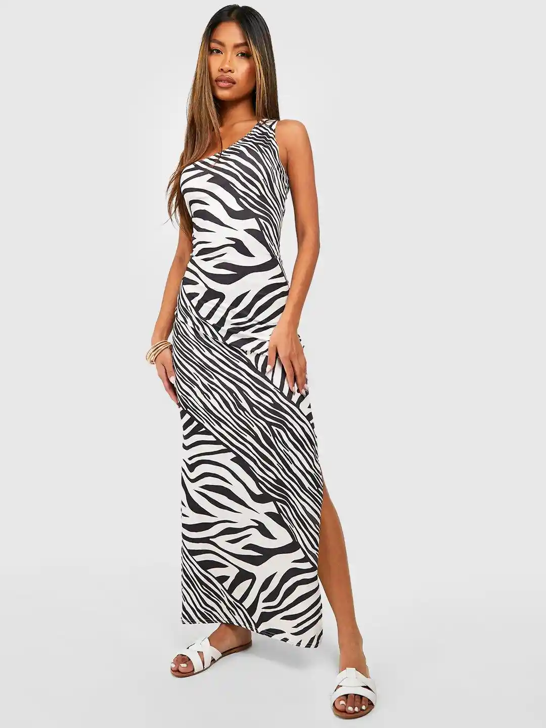 Boohoo Zebra Print One Shoulder Slit Maxi Dress