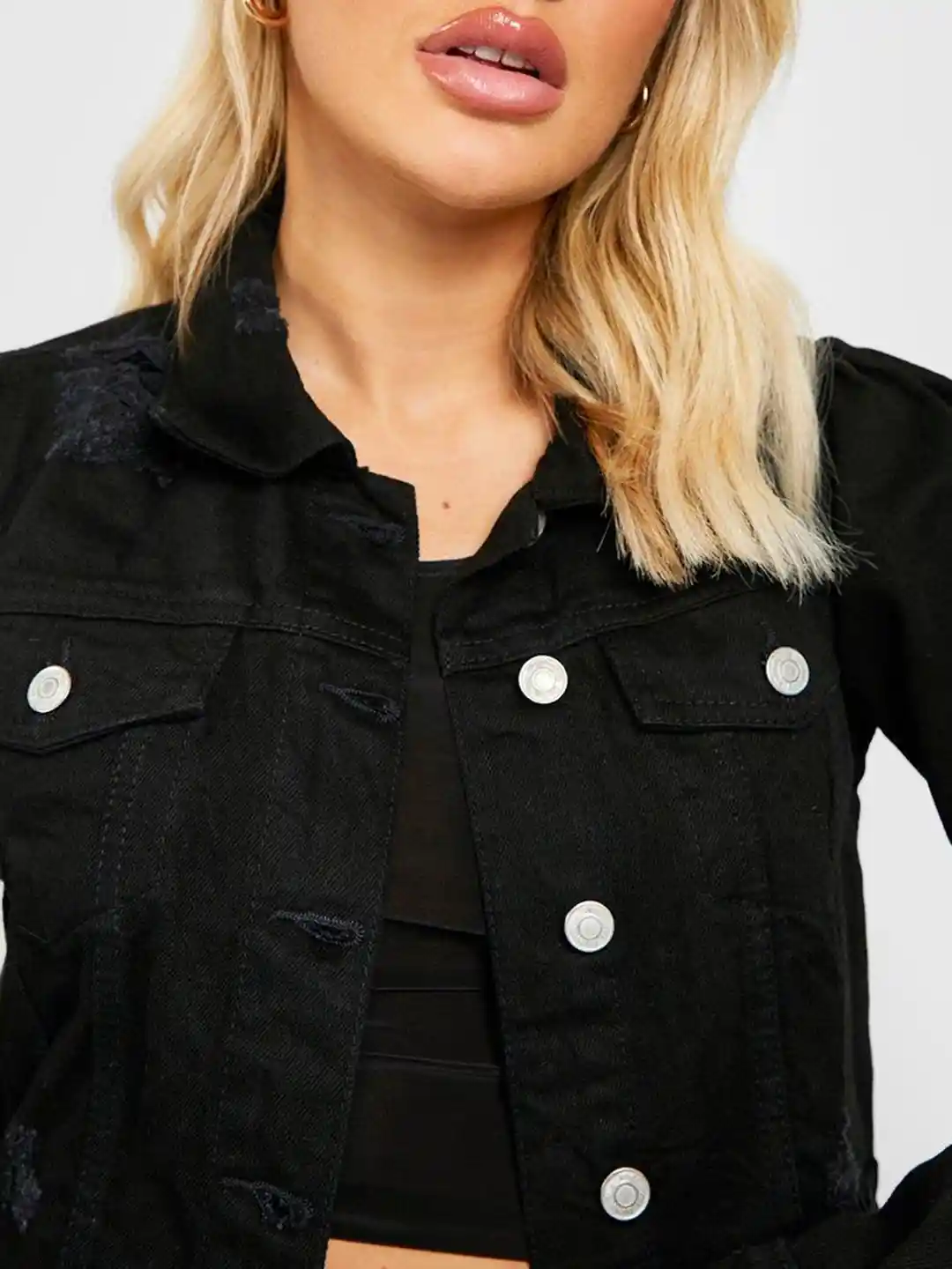 holiday DAMAGE DENIM PUFF JACKET Adult Puff Sleeve Denim Jacket