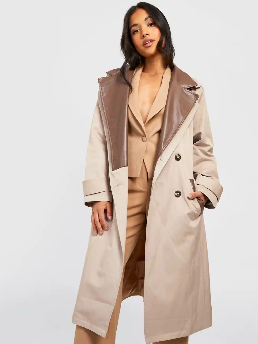 Buy Boohoo Petite Pu Coated Contrast Collar Longline Trench Coat
