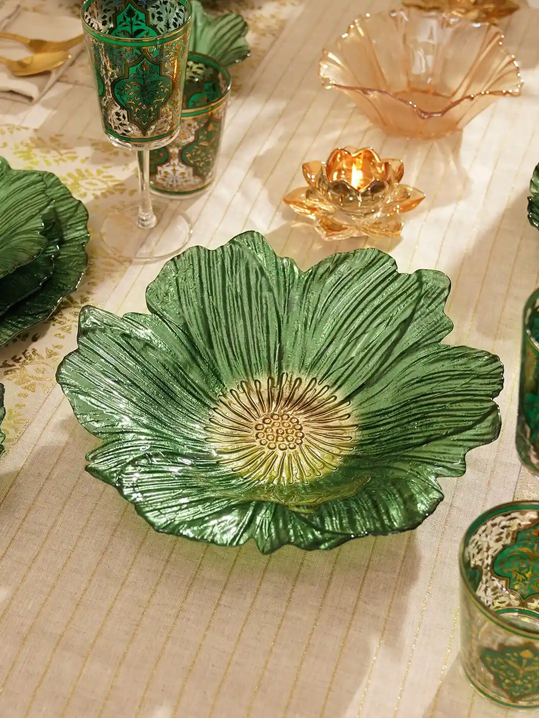 Buy Pure Home and Living Green Floral Shaped Glass Serving Bowl