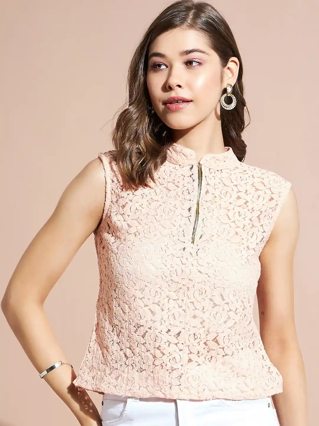 Buy DressBerry Pink Floral Self Design Mandarin Collar Sleeveless