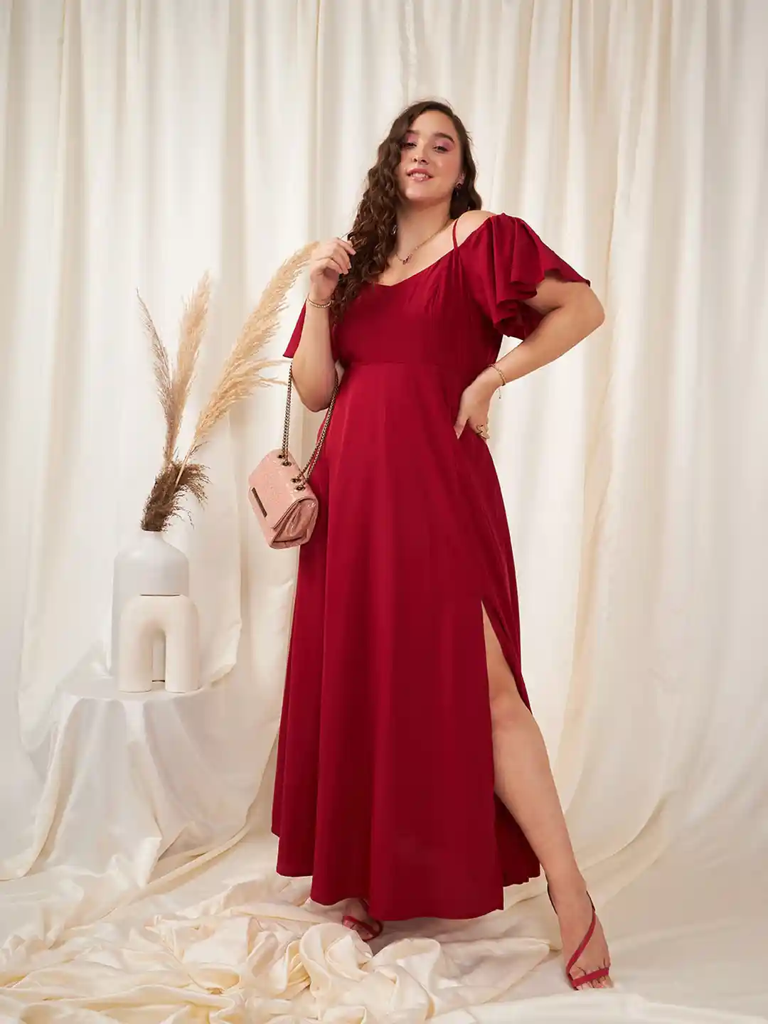 Berrylush Curve Red Plus Size Shoulder Straps Cold Shoulder Sleeves Maxi  Dress