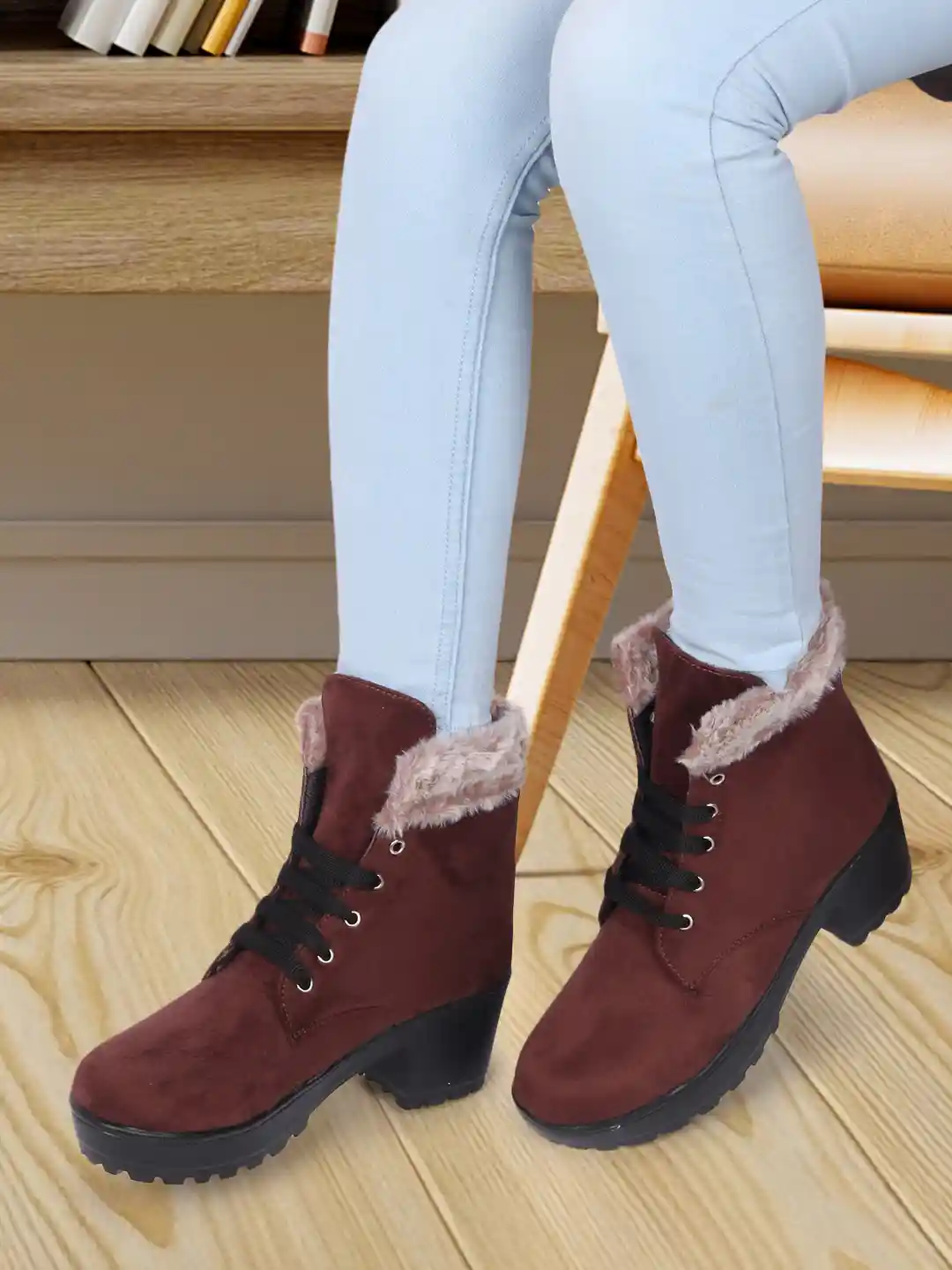 Buy FEET RUNNER Women Faux Fur Trim Heeled Mid-Top Winter Boots