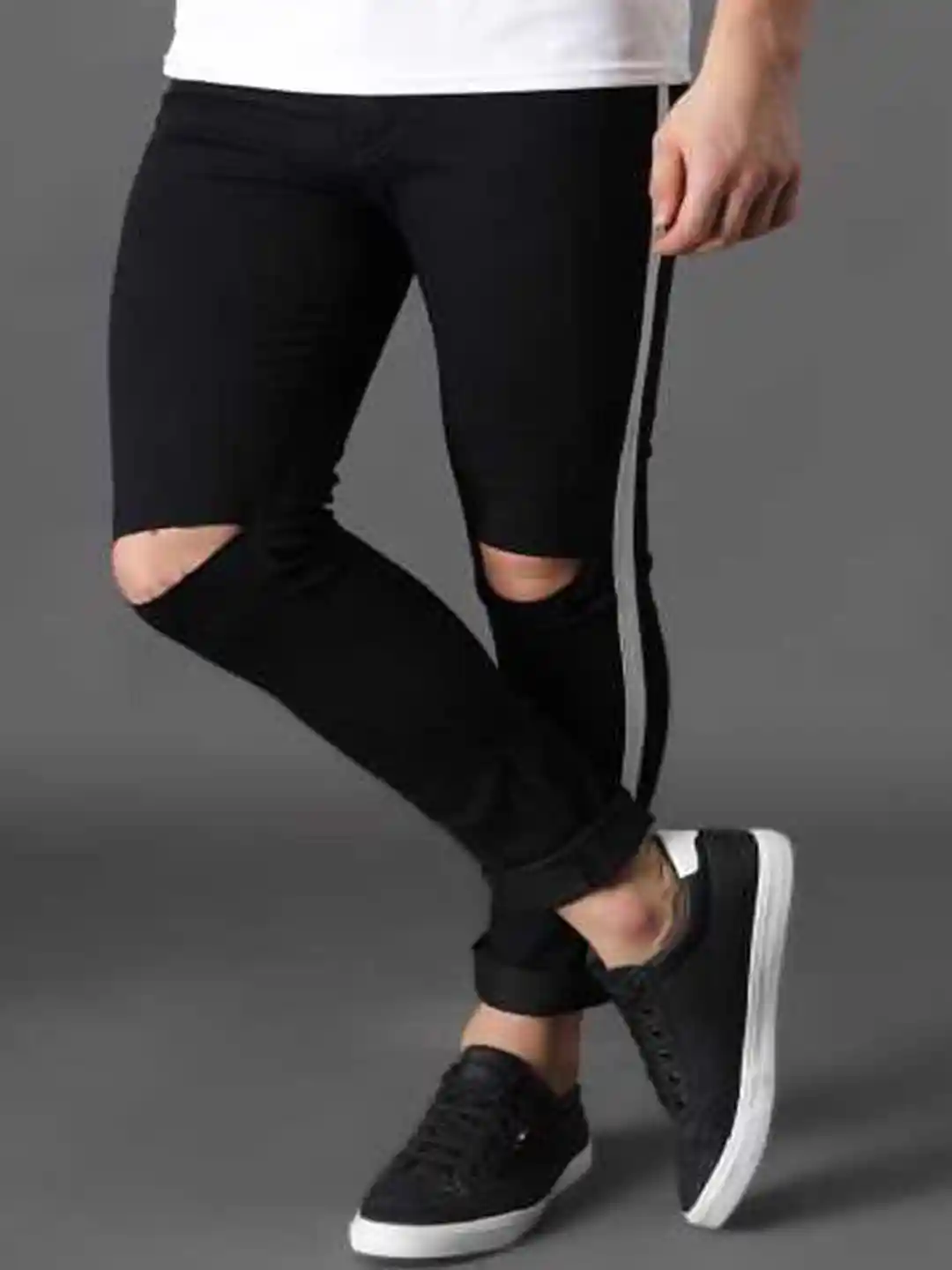 Buy Xee Men Jean Fit Slash Knee Side Stripes Mid-Rise Tear