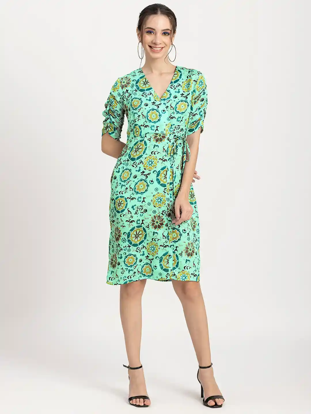 Moomaya Floral Printed V-Neck Short Ruched Sleeves Tie-Up Wrap Dress