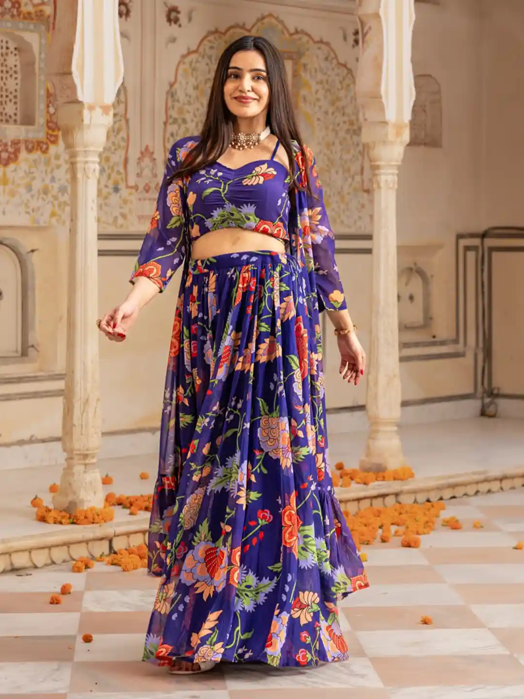 Ambraee Floral Printed Ready to Wear Lehenga Blouse With Jacket