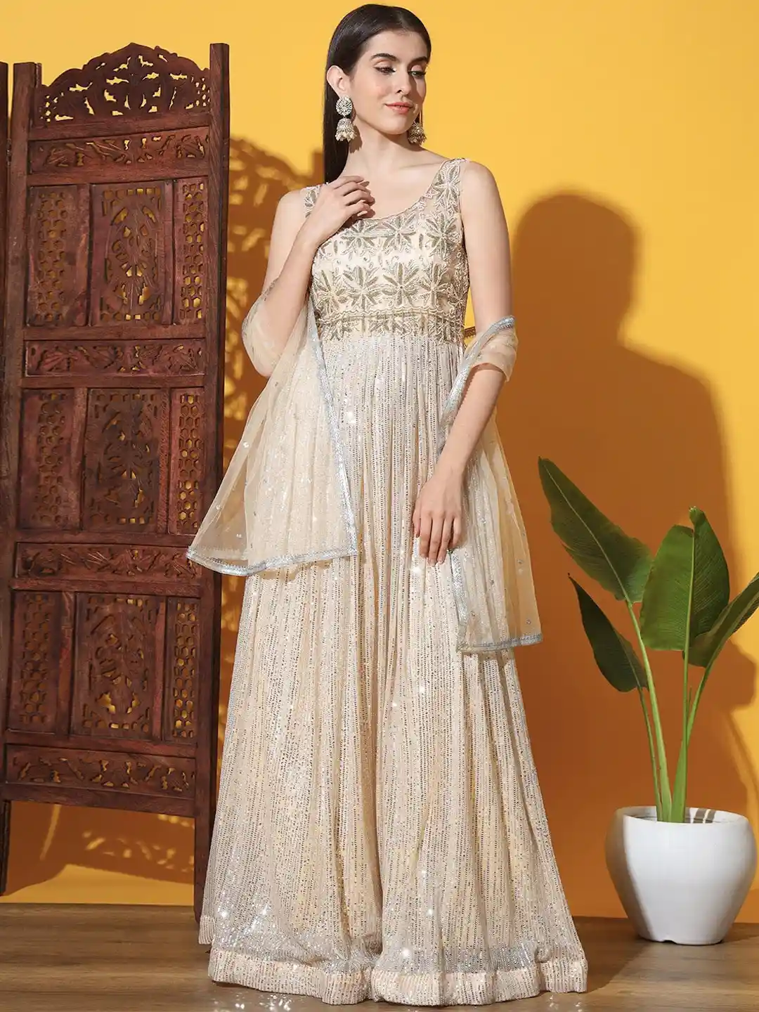 golden ethnic dress Buy IOJO FASHION Women's Ethnic Wear Embroidered Mughal Era Golden Sand Anarkali Dress with Dupatta. (Golden Sand) at Amazon.in