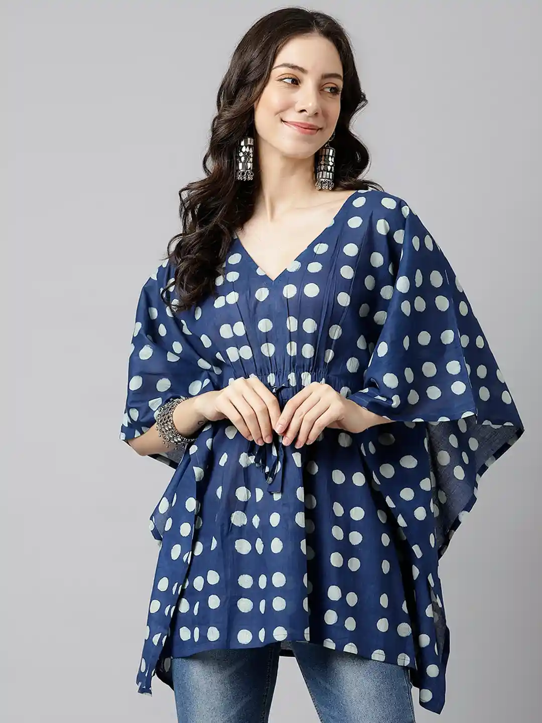 Buy KALINI Polka Dot Printed Cotton Kaftan Longline Top Tops for
