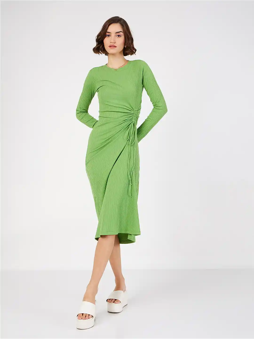 SASSAFRAS Ruched Tie Up Bodycon Midi Dress