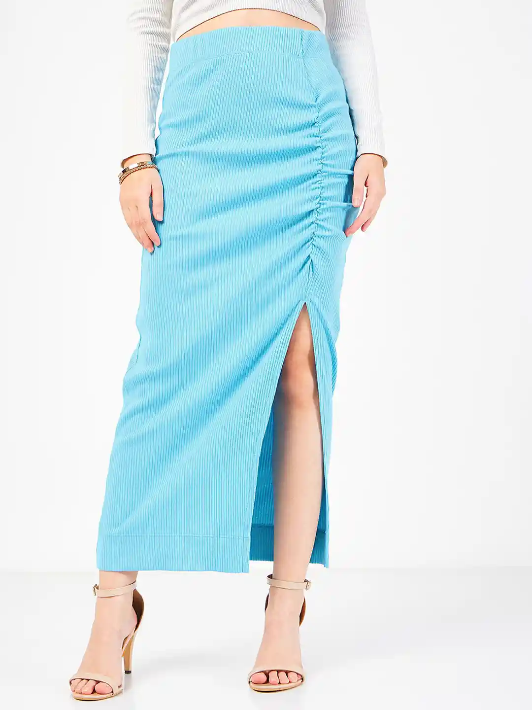 Buy SASSAFRAS Ribbed Front Ruched Maxi Skirt Skirts for Women