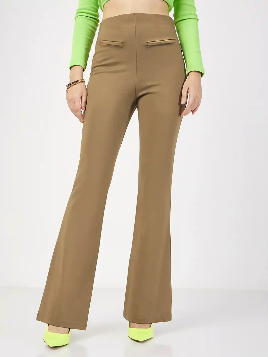 SASSAFRAS Women Beige Mid-Rise Slim Fit Bootcut Trousers
