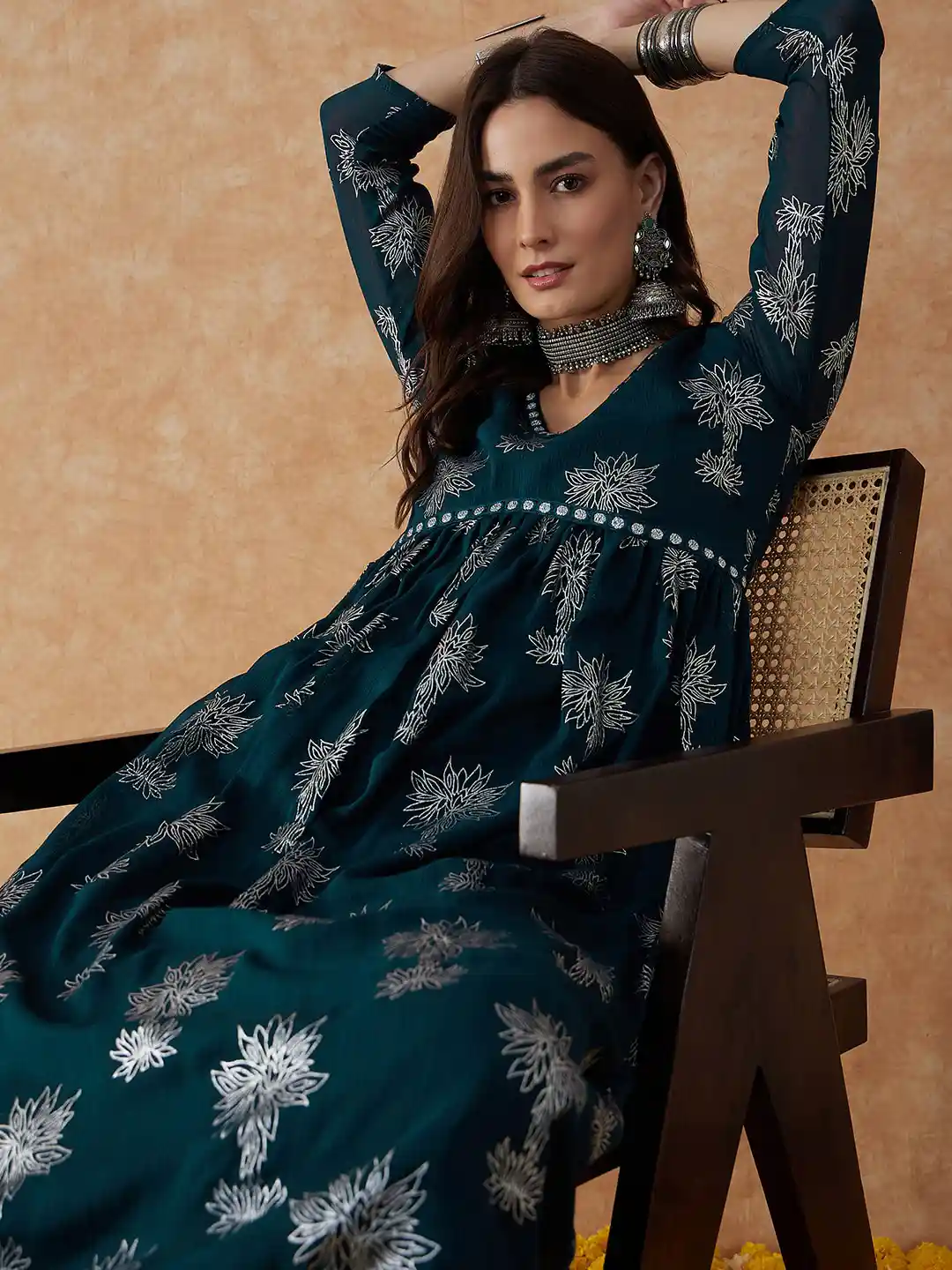 Sangria Floral Printed V-Neck Anarkali Kurta Palazzos