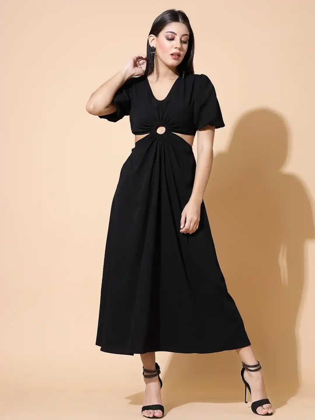 scoop women's cut out midi dress with puff sleeves Scoop Women's Cut Out Midi Dress with Puff Sleeves, Sizes XS-XXL