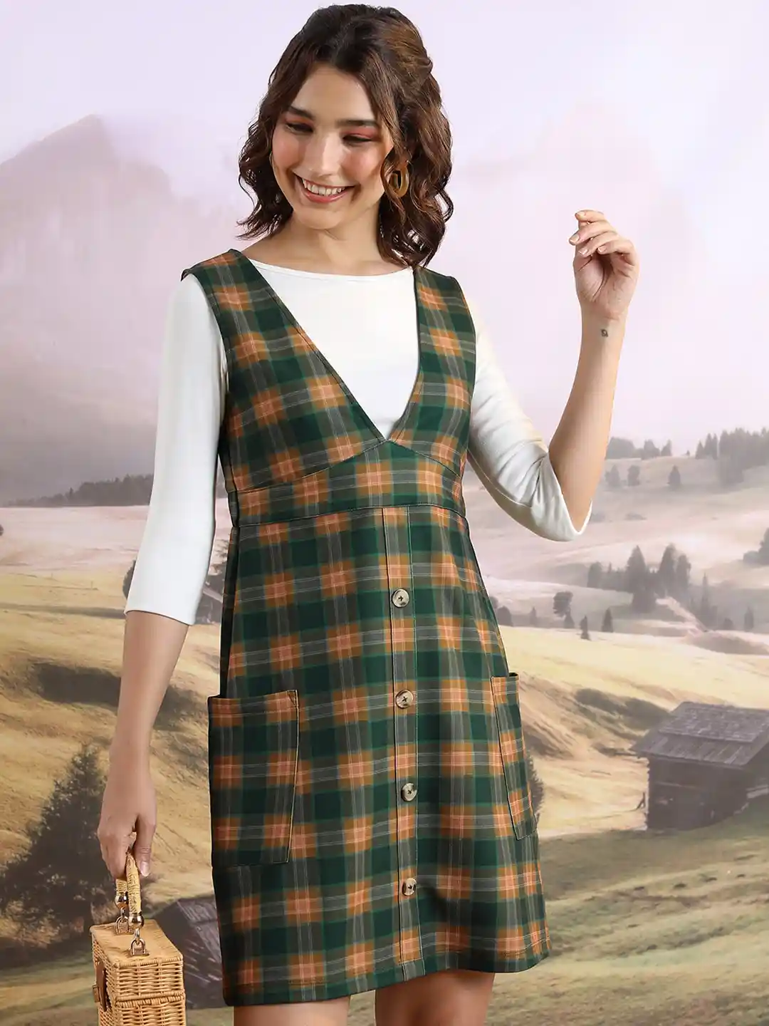 Myntra Green Check Pinafore Dress Myntra Olive Pinafore Dress Buy