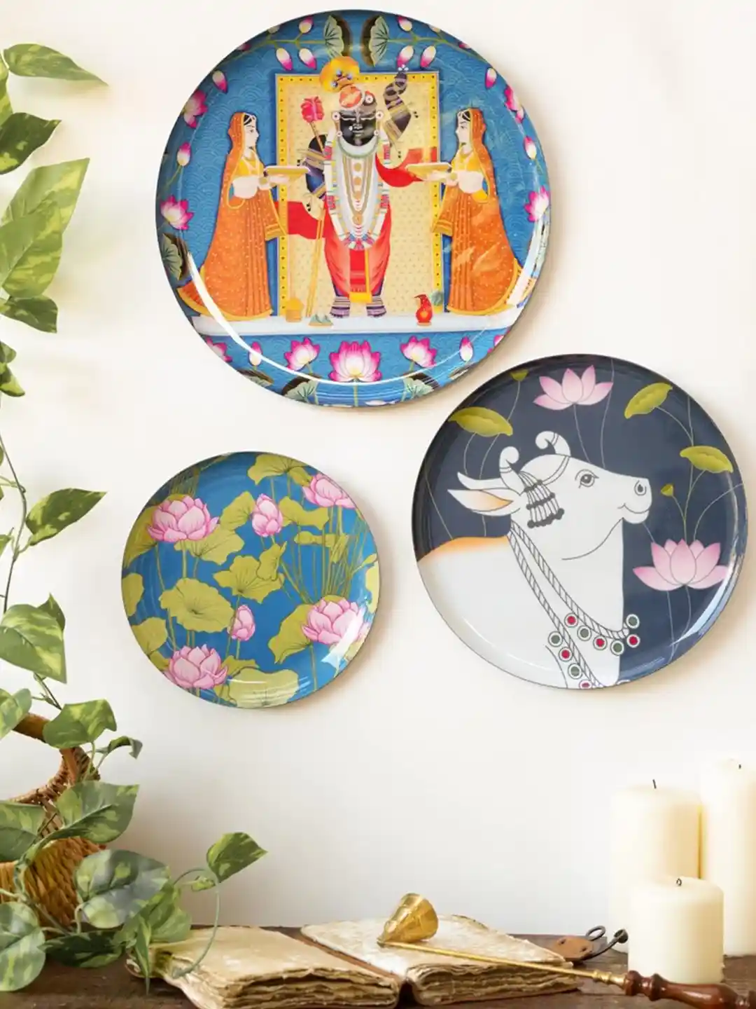 Ritualistic Pichwai Art Metal Ethnic Motifs Glossy Hanging Hall 3Pcs Wall  Plates-12In