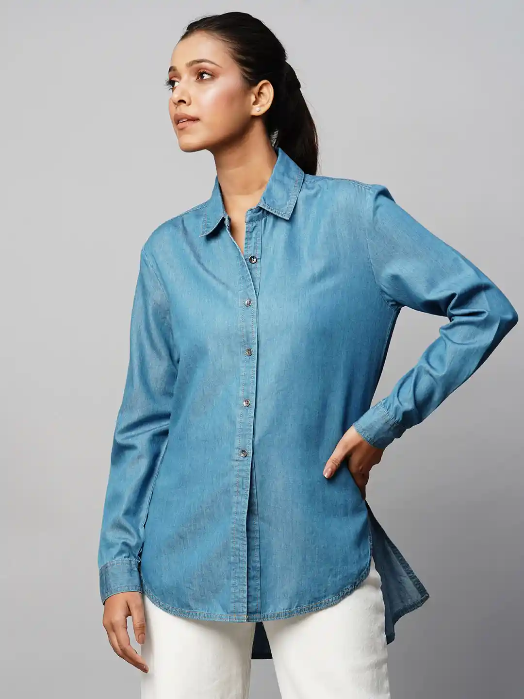 Long Sleeve Womens Denim Shirt Style Buy Women Solid Denim Shirt