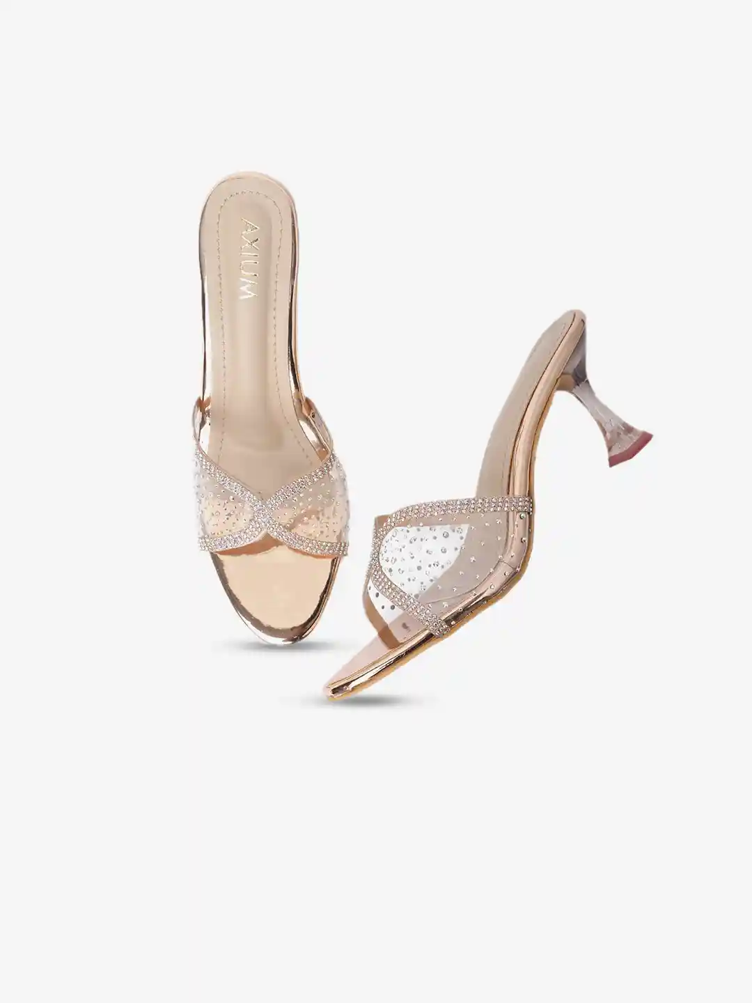 Block Heels Clear And Rose Gold Heels AXIUM Ethnic Embellished