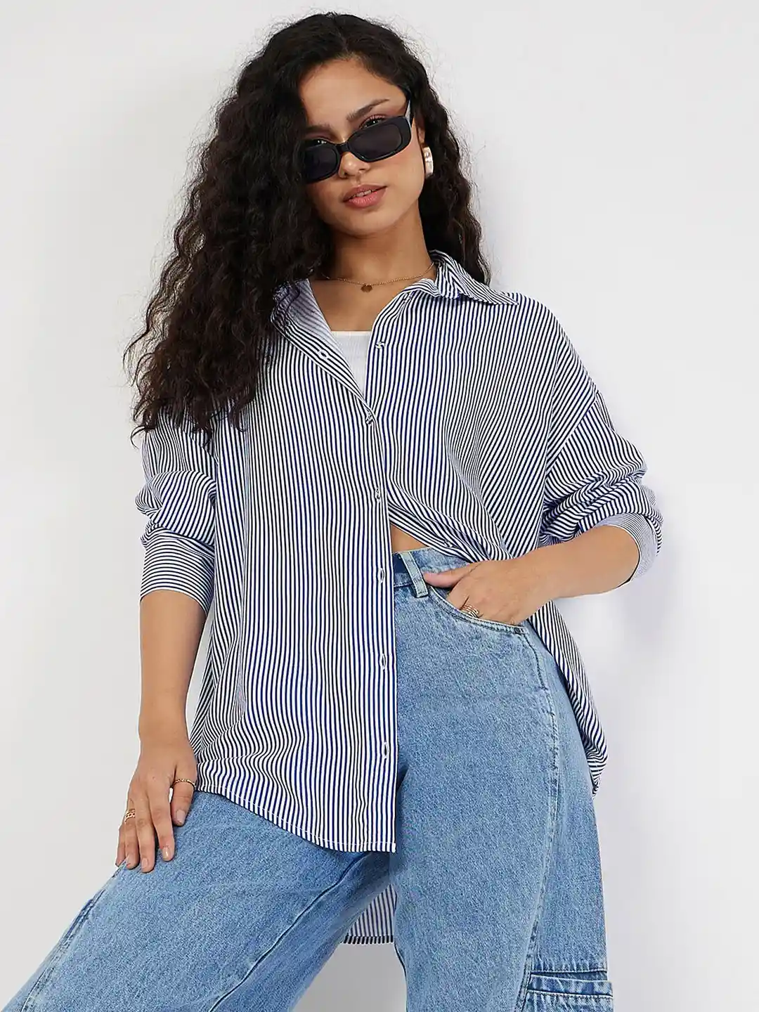 Buy SASSAFRAS Oversized Striped Spread Collar Casual Shirt