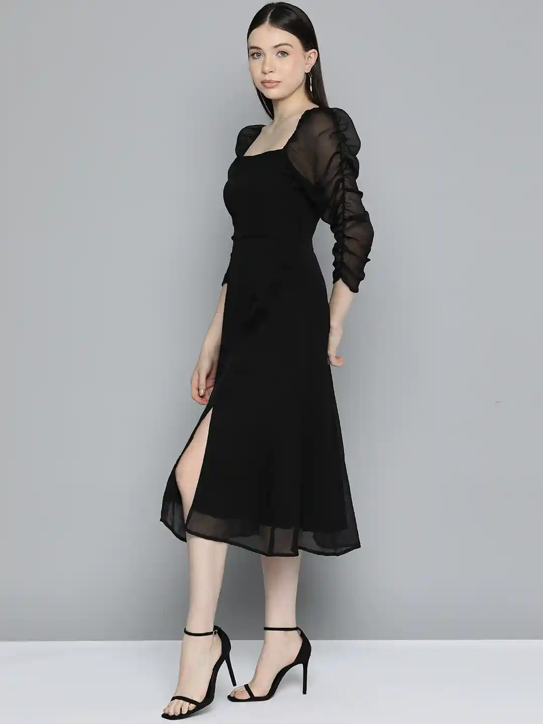 Chemistry Puff Sleeve Chiffon Fit Flare Midi Dress