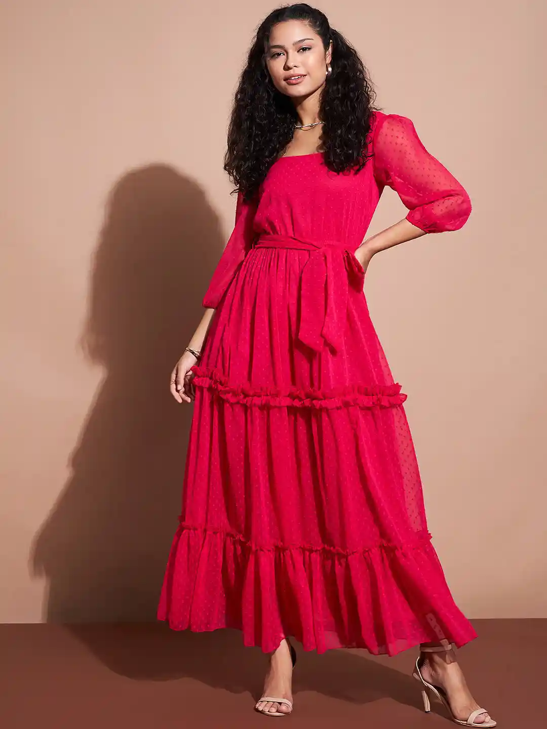 DressBerry Self Design Puff Sleeve Tiered Ruffled Maxi Dress
