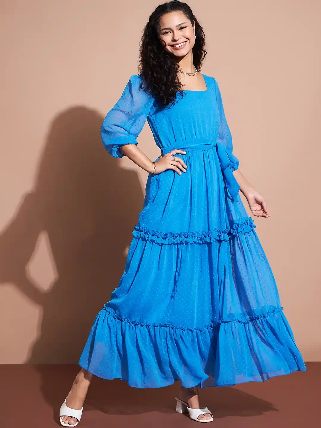 DressBerry Puff Sleeve Tiered Ruffled Maxi Dress