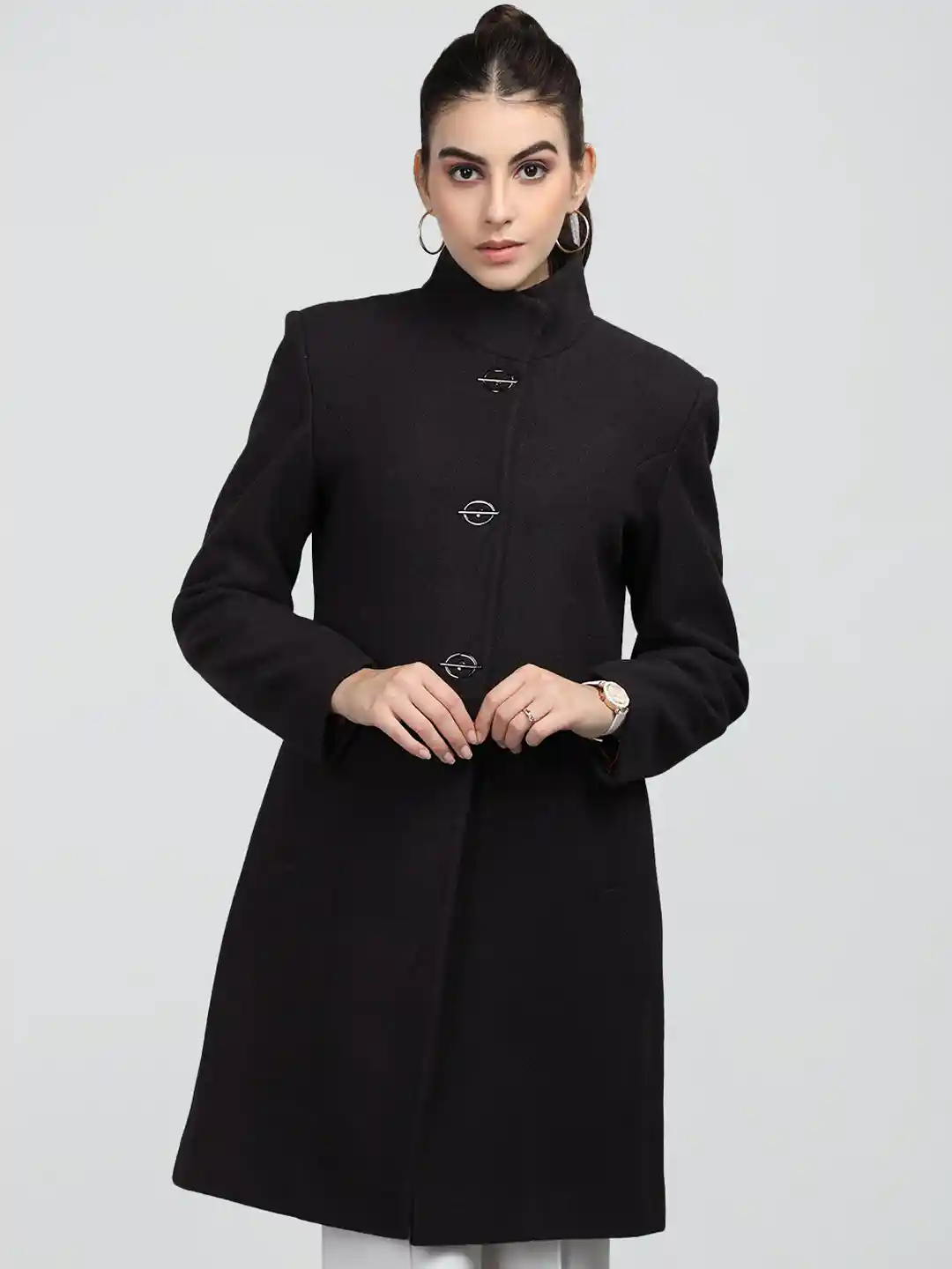 Buy CHKOKKO Mandarin Collar Longline Woolen Pea Coat Coats for