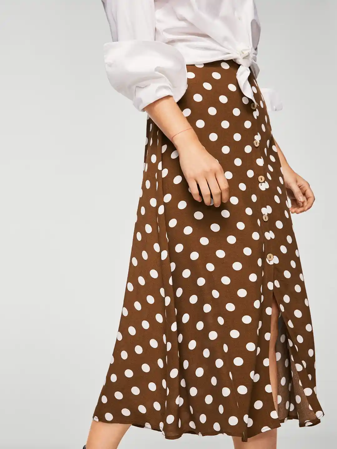 Buy MANGO Brown White Polka Dot Print Midi A-Line Skirt Skirts - Main Image