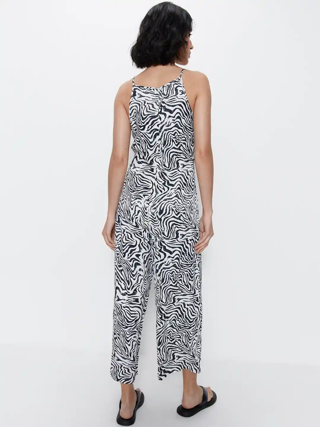 WAREHOUSE Zebra Print Satin Wide Leg Basic Jumpsuit