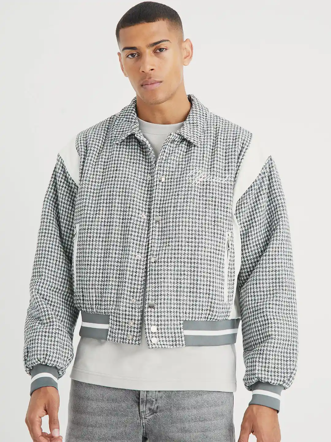 Buy boohooMAN Houndstooth Design Collared Boxy Bomber Jacket