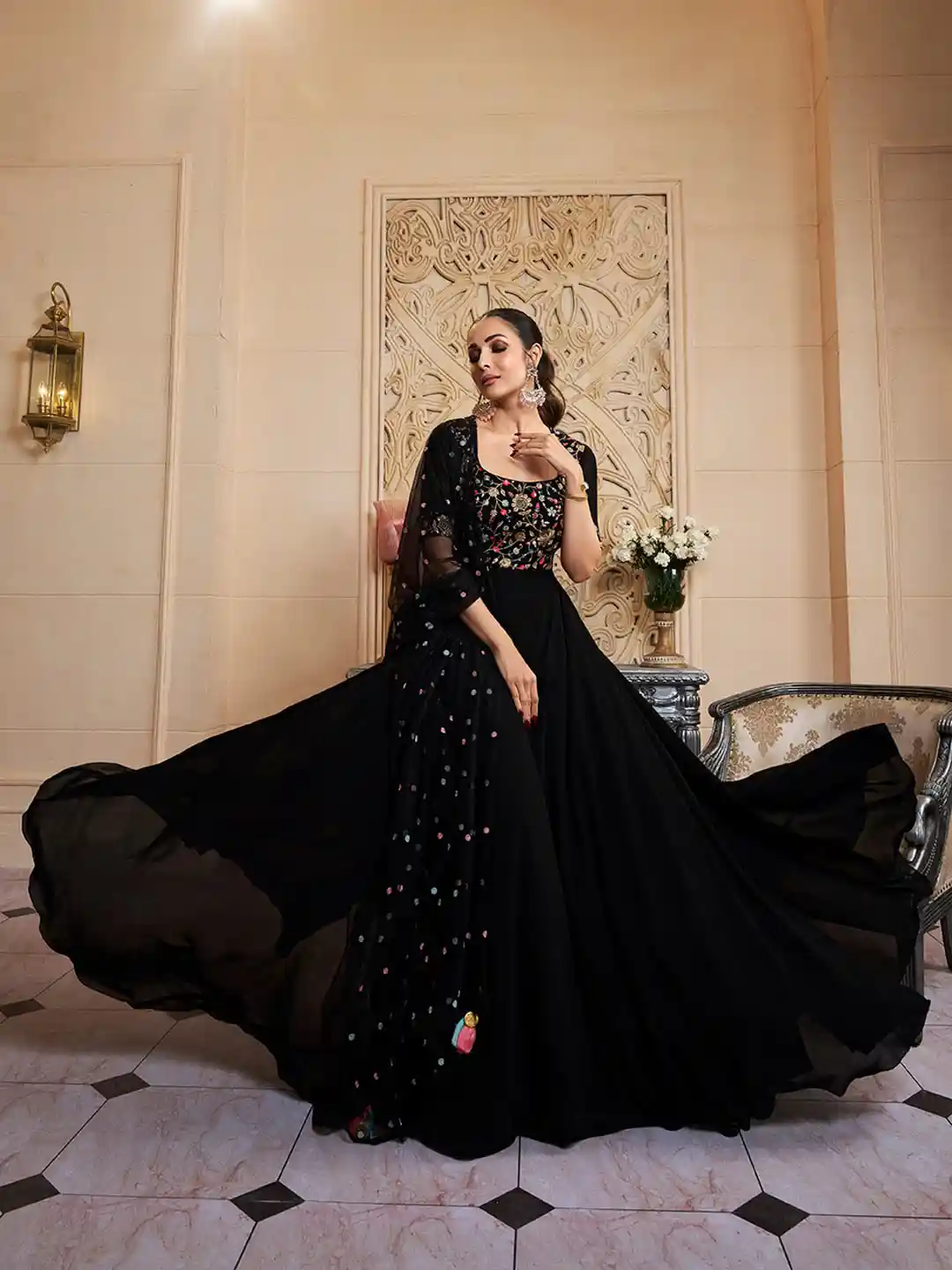 Buy Inddus Black Floral Embroidered Sequinned Georgette Anarkali