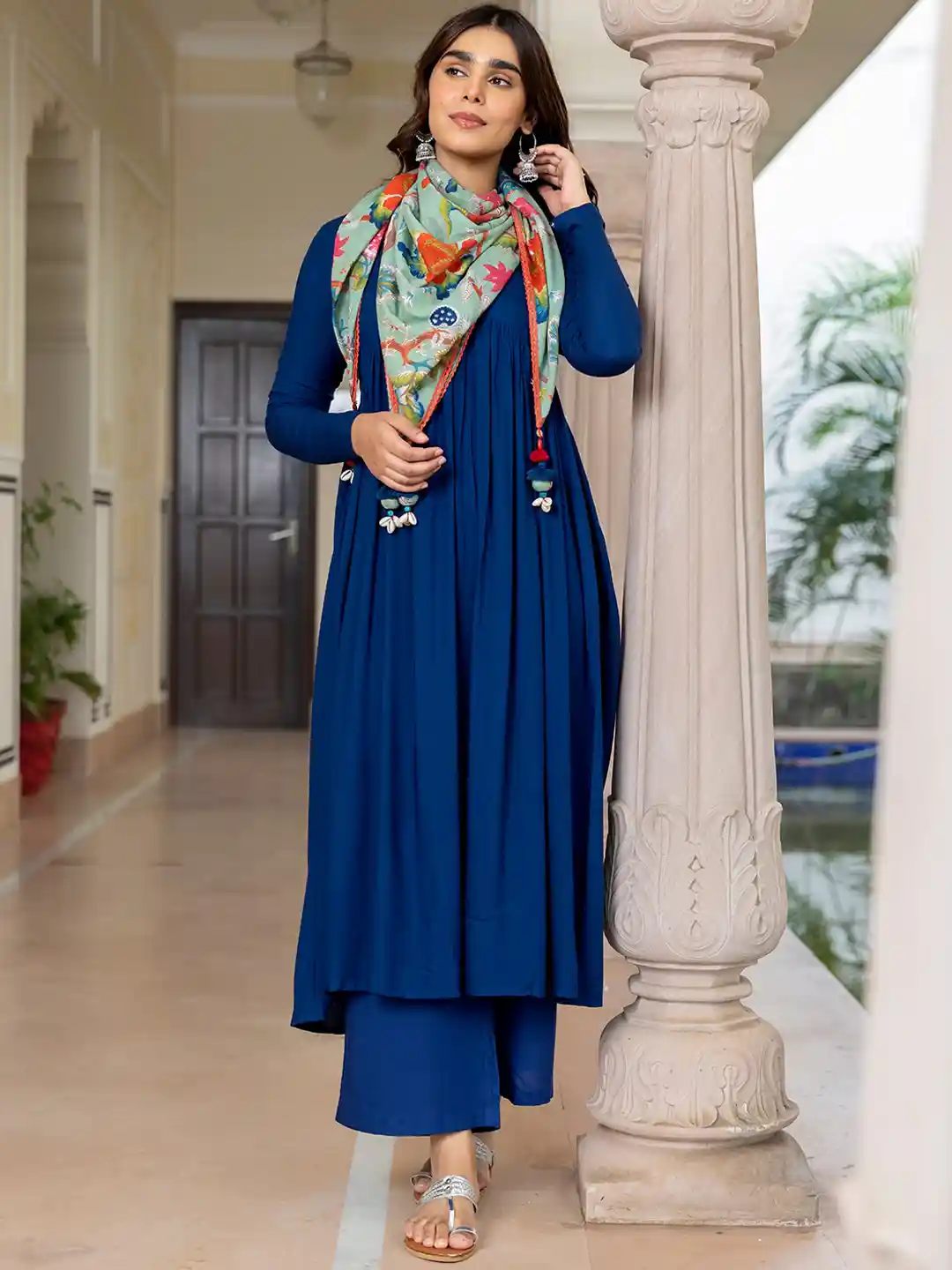 Buy Janasya Women's Teal Blue Rayon Solid Kurta with Palazzo and
