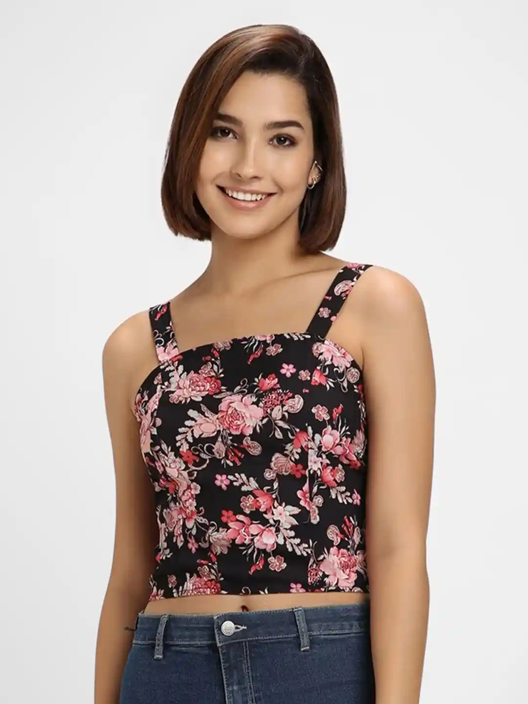 Buy FOREVER 21 Floral Printed Shoulder Strap Fitted Crop Top