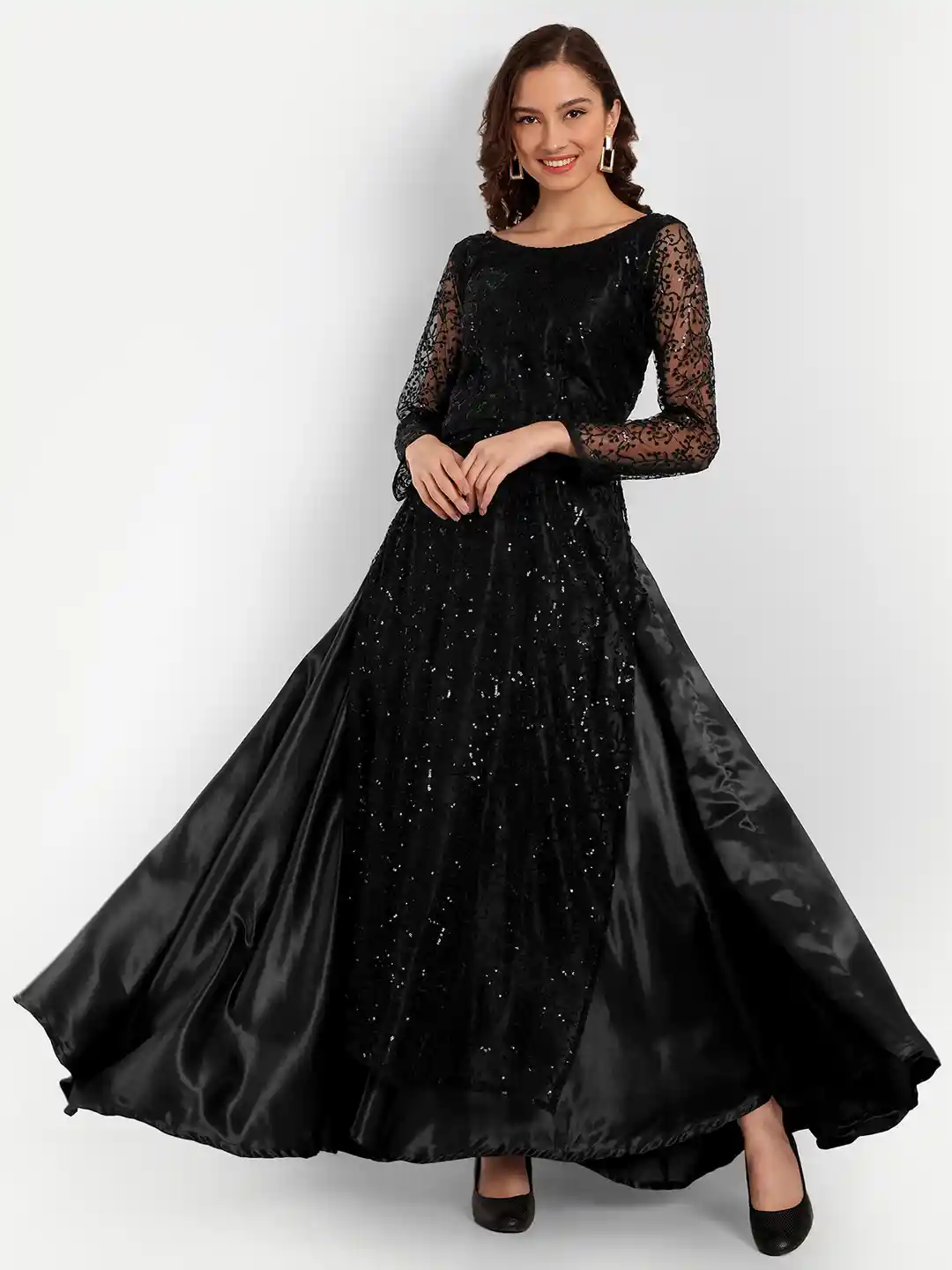 Cotton Black Dress Maxi With Sleeves Black Double Cotton Tiered