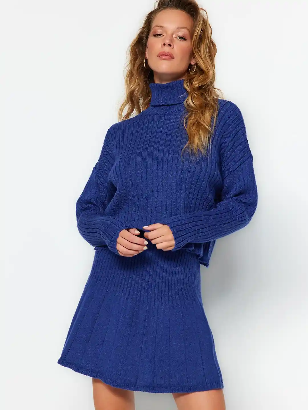 Buy Trendyol Ribbed Turtle Neck Top With A-Line Skirt Co-Ords