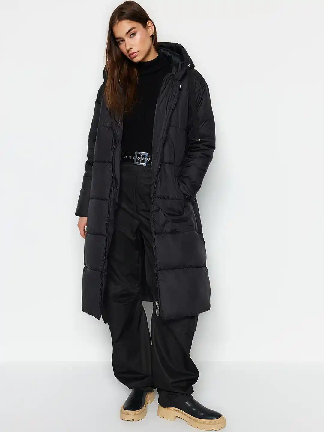 Padded Jacket Long Down Jacket With Belt Black Tie Waist Quilted