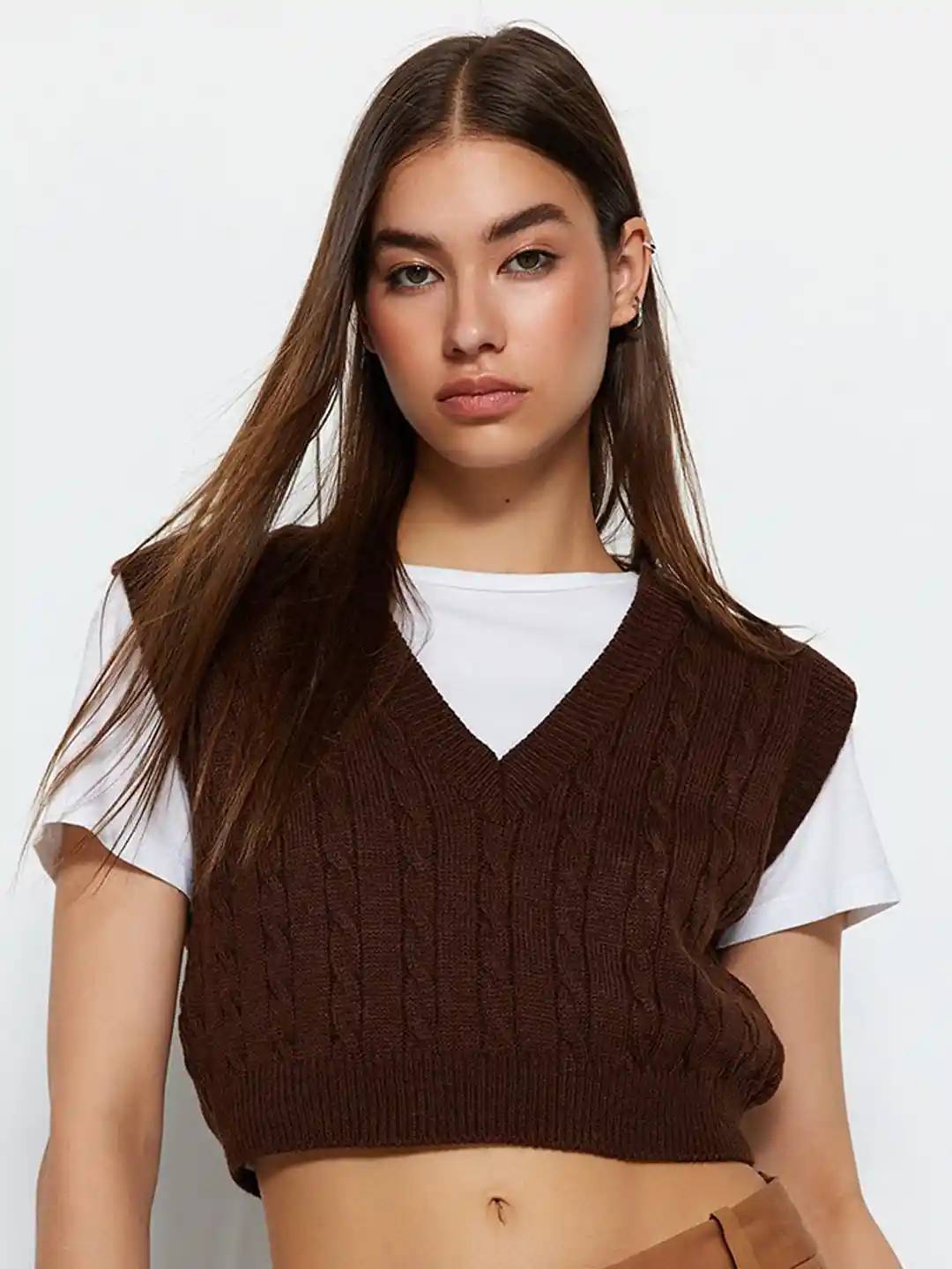 Womens Sweaters Brown Cropped Sweater Vest Trendyol Cable Knit