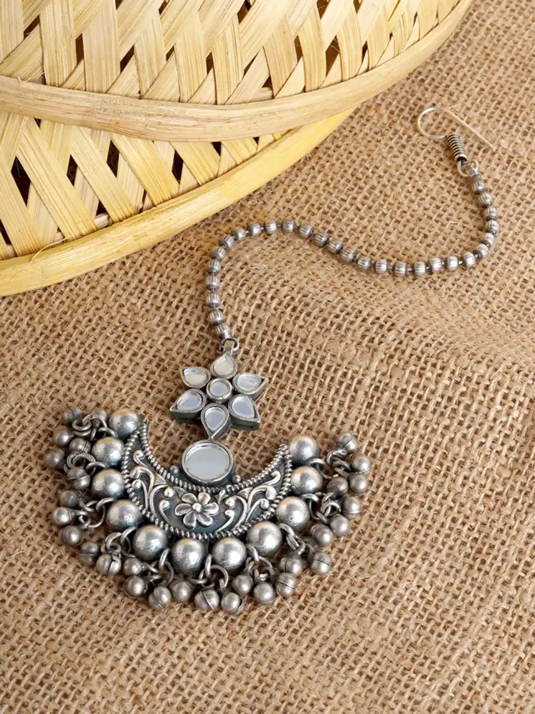 Buy TEEJH Oxidised Silver-Plated Mirror Work Maangtikka Head