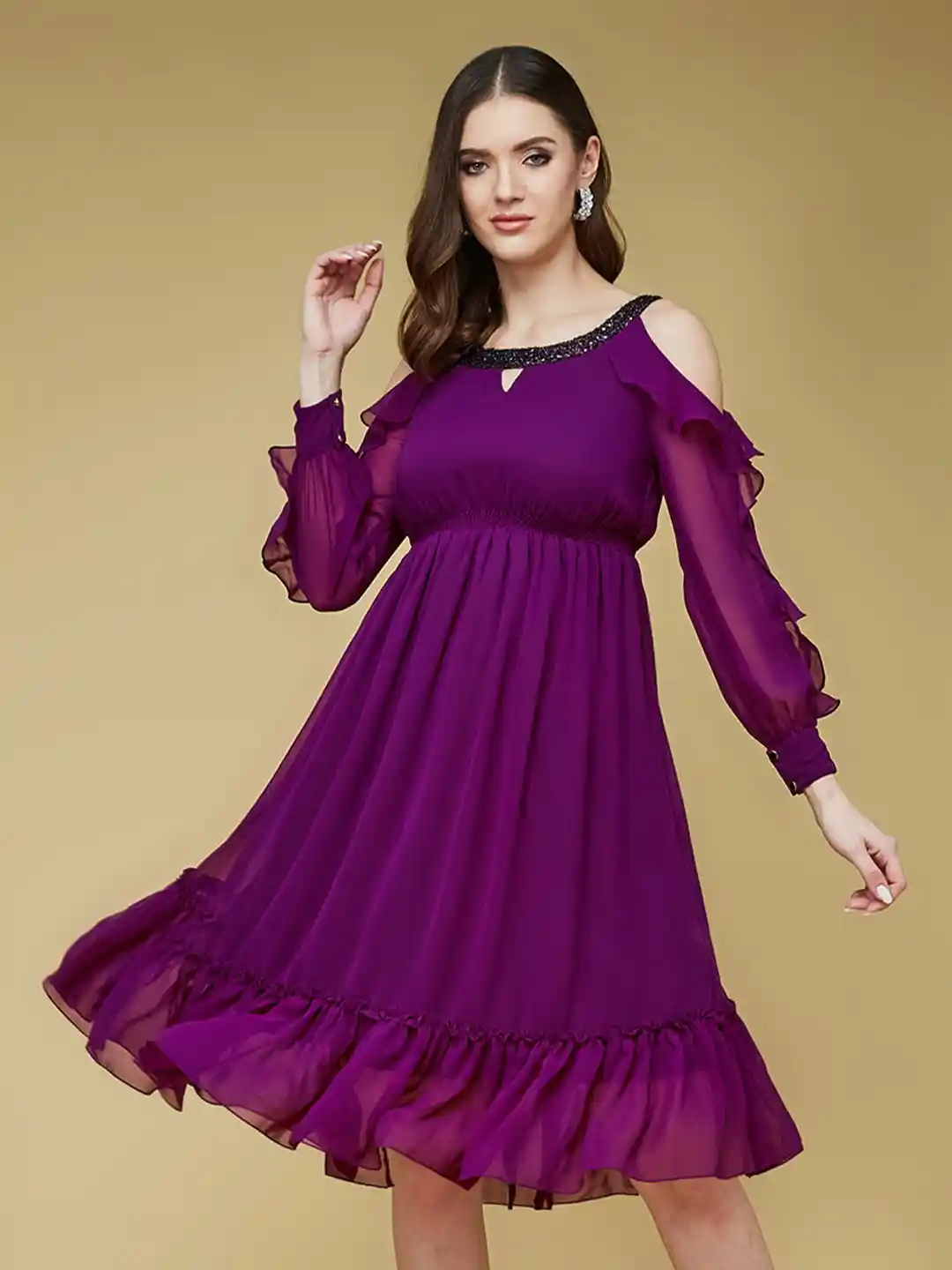 Buy DressBerry Purple Keyhole Neck Cold-Shoulder Sleeves A-Line