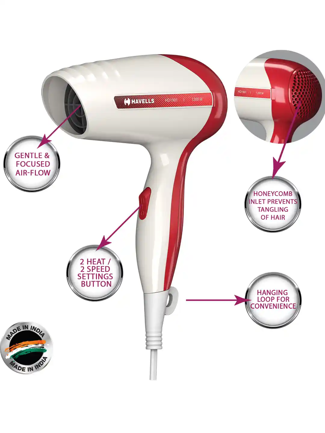 Havells HD1901 Travel Friendly 1200W Hair Dryer White Red