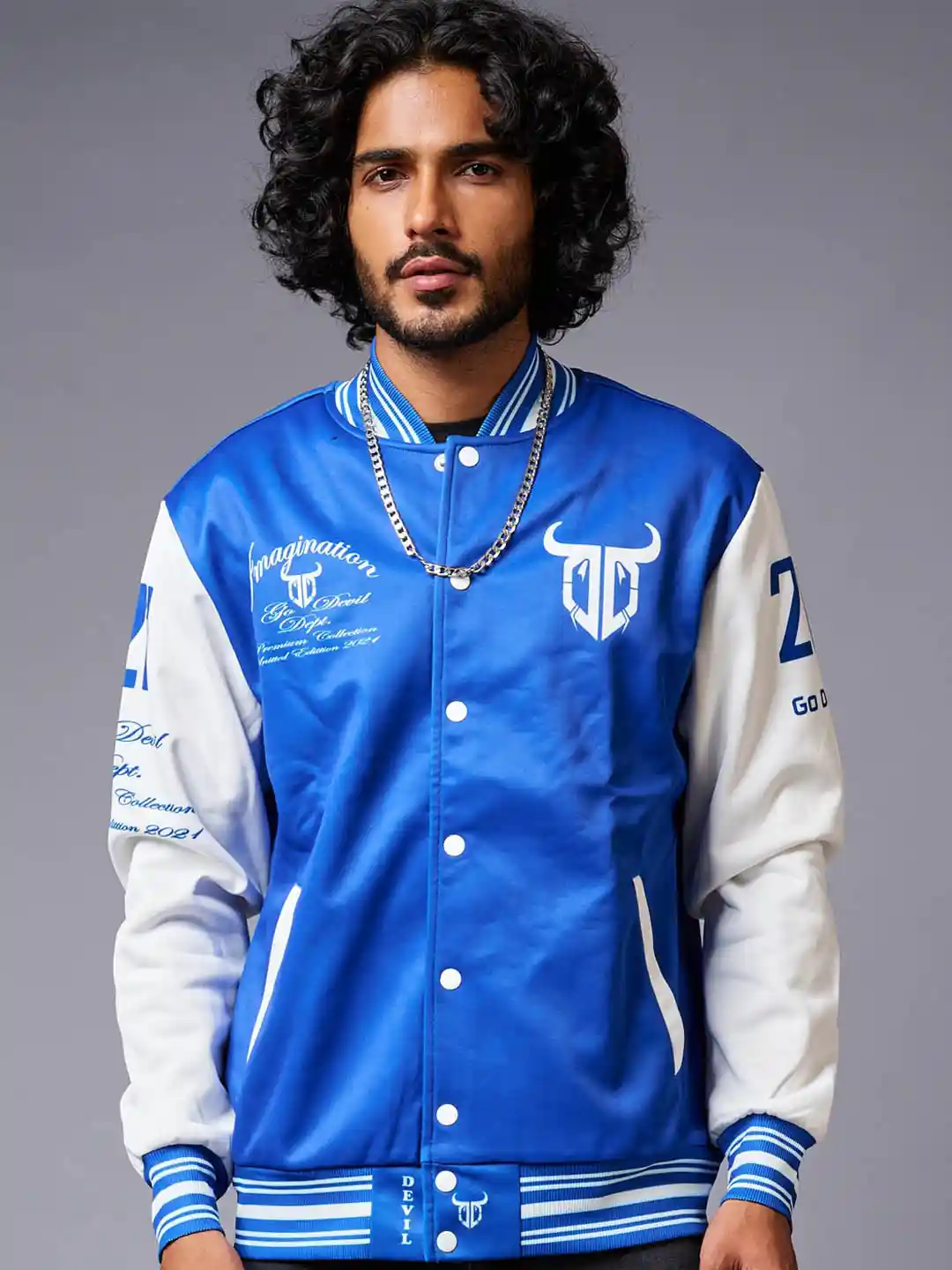 GO DEVIL Typography Printed Cotton Varsity Jacket with Zip Detail