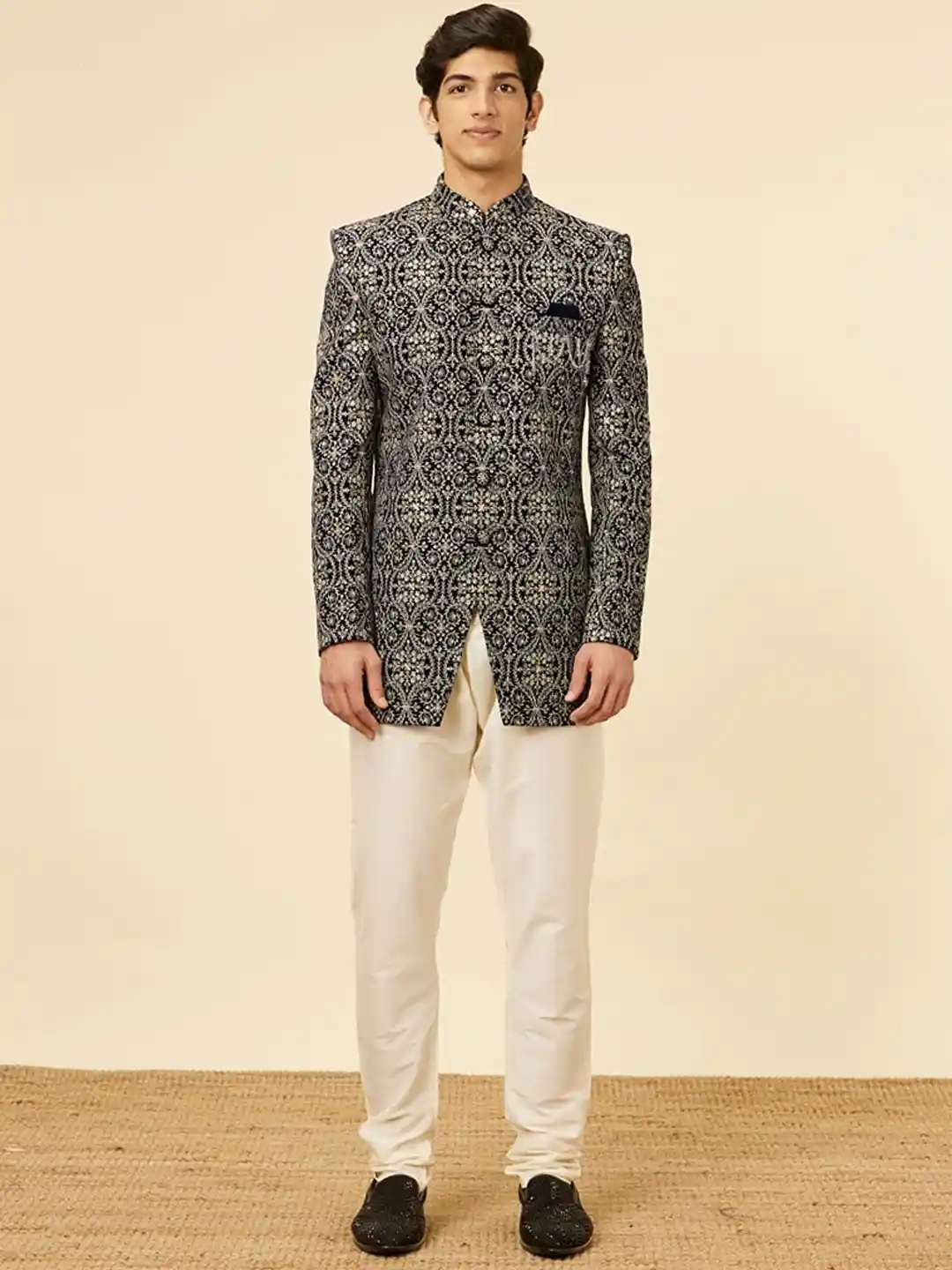 Buy Manyavar Embroidered Mandarin Collar Indo Western Sherwani Set