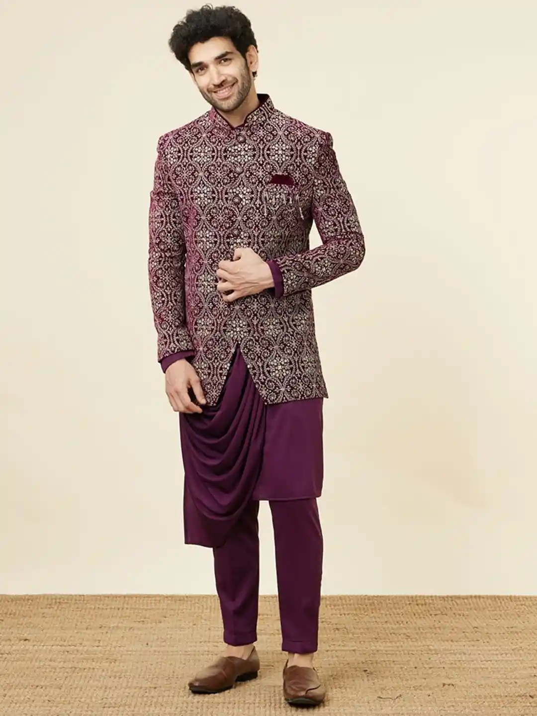 Buy Manyavar Embroidered Velvet Indo Western Sherwani Sherwani