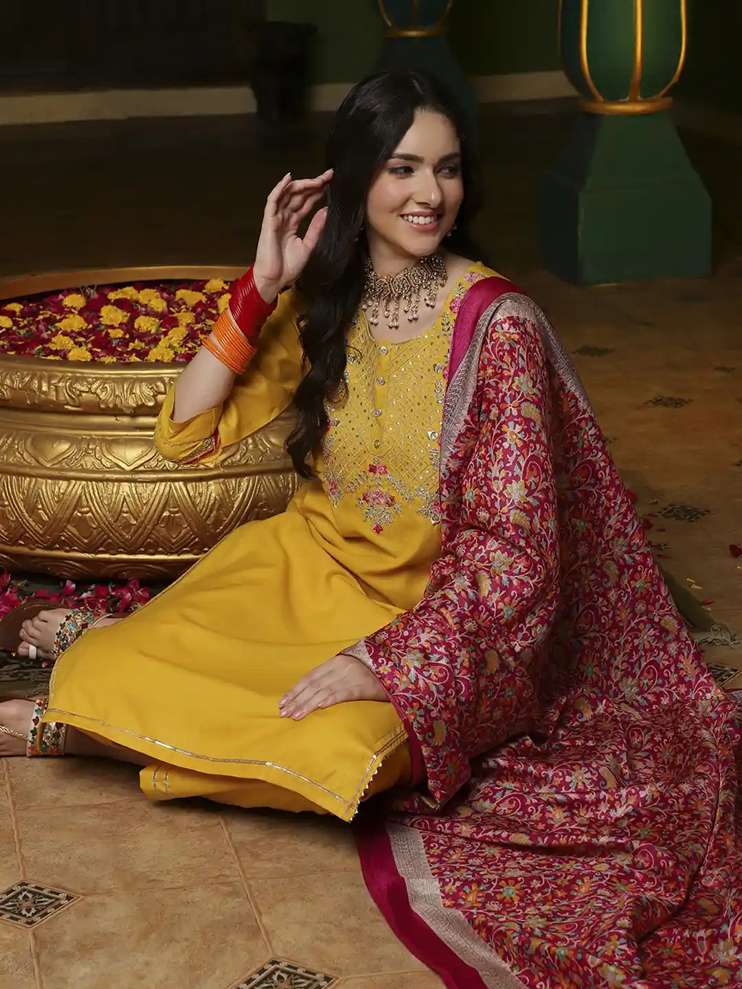 Sangria Yellow Floral Embroidered Gotta Patti Straight Kurta Trouser With  Dupatta